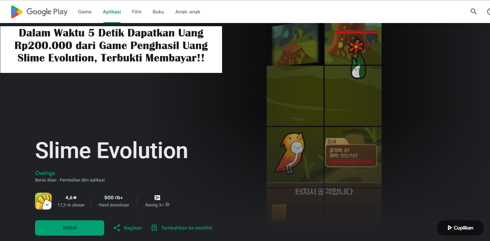 Dalam Waktu 5 Detik Dapatkan Uang Rp200.000 dari Game Penghasil Uang Slime Evolution, Terbukti Membayar!!